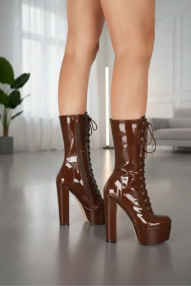 Duke Bitter Brown Patent Leather Platform Thick Heeled Women's Boots