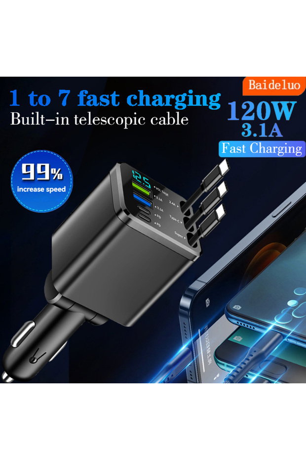 شاحن سيارة قابل للسحب 7 في 1 مع كابل USB-C لشحن سريع لأجهزة iPhone، يعمل بمنفذ ولاعة السجائر...