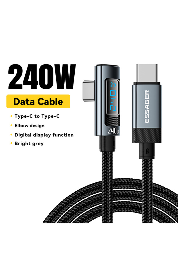 كابل رمادي بطول متر واحد بقدرة 240 واط، كابل USB من النوع C بقدرة 240 واط، شاحن سريع بتقنية PD بزاوية 90 درجة، يدعم الشحن اللاسلكي