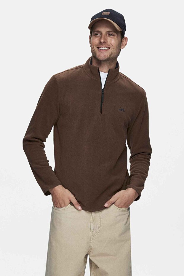 Gremıo Brown Fleece Stand Collar Embroidered Standard Fit Men's Sweatshirt
