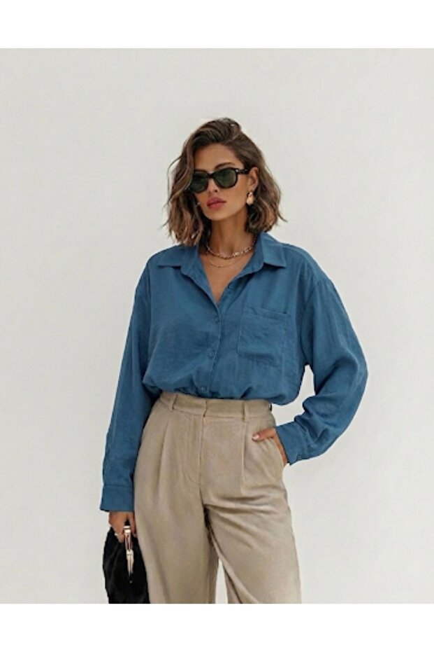 Mavi Oversize Casual Gömlek - 1
