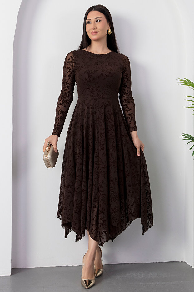 Kayık Yaka Flok Baskılı Elbise DKS1387 - 4