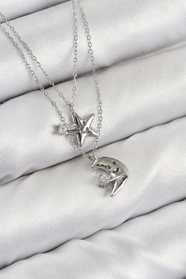Brass Zircon Stone Star Moon Model Silver Rk Women's Necklace