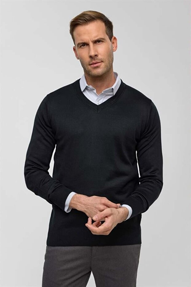 Siyah Regular Düz V Yaka Triko - 2