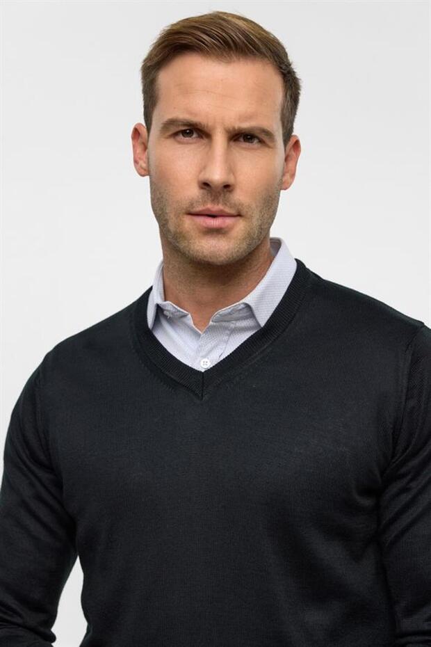 Siyah Regular Düz V Yaka Triko - 3