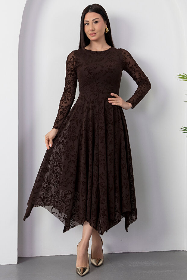 Kayık Yaka Flok Baskılı Elbise DKS1387 - 6