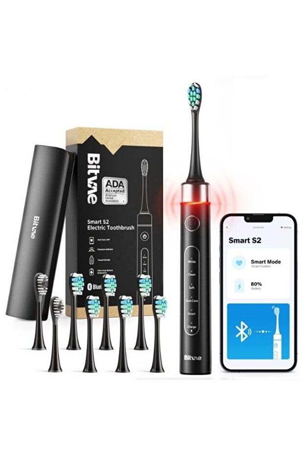S2 Smart Electric Toothbrush, App Control, 8 Heads, Whitening (Black)