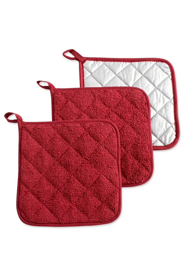 Red 3Pc Pot Holders Heat Resistant Potholders Cotton Hot Pot Pad Firm Grip Pot Holders Dining Table