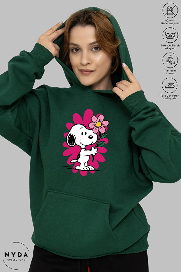 Women Hoodie Long Sleeve Snoopy Printed Hooded Fleece-Lined Oversized Cotton Sweatshirt