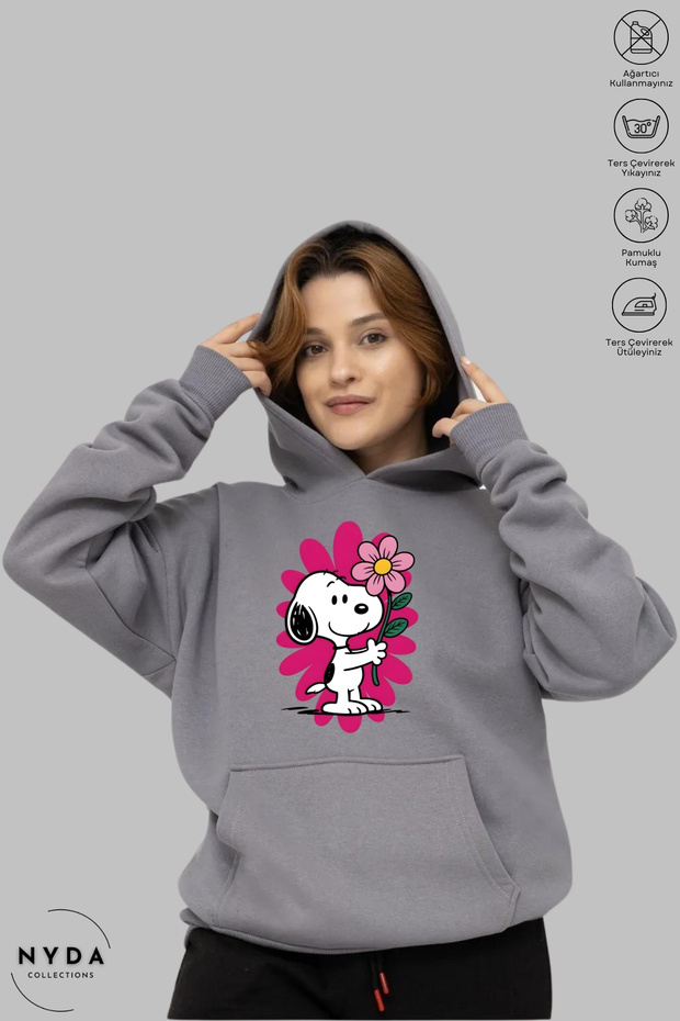 Women Hoodie Long Sleeve Snoopy Printed Hooded Fleece-Lined Oversized Cotton Sweatshirt