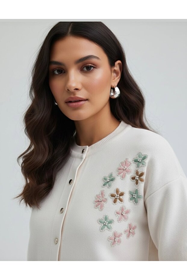 Beaded Flowered Knitted Cardigan