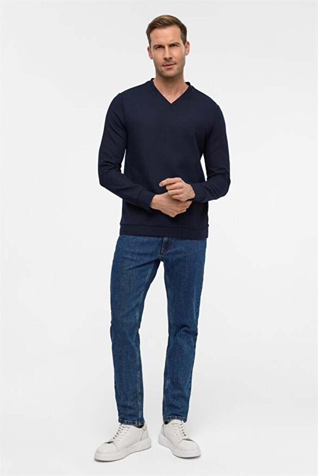 Lacivert Regular Armürlü V Yaka Triko - 6