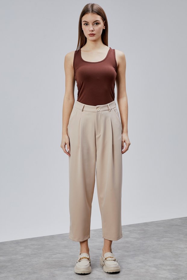 Stone Premium Mid-Waist Pleated Short-Leg Trousers