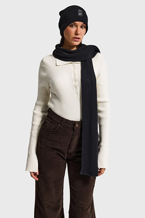 Siyah Fitilli Kumaş Bere Atkı 2'li Takım - 5