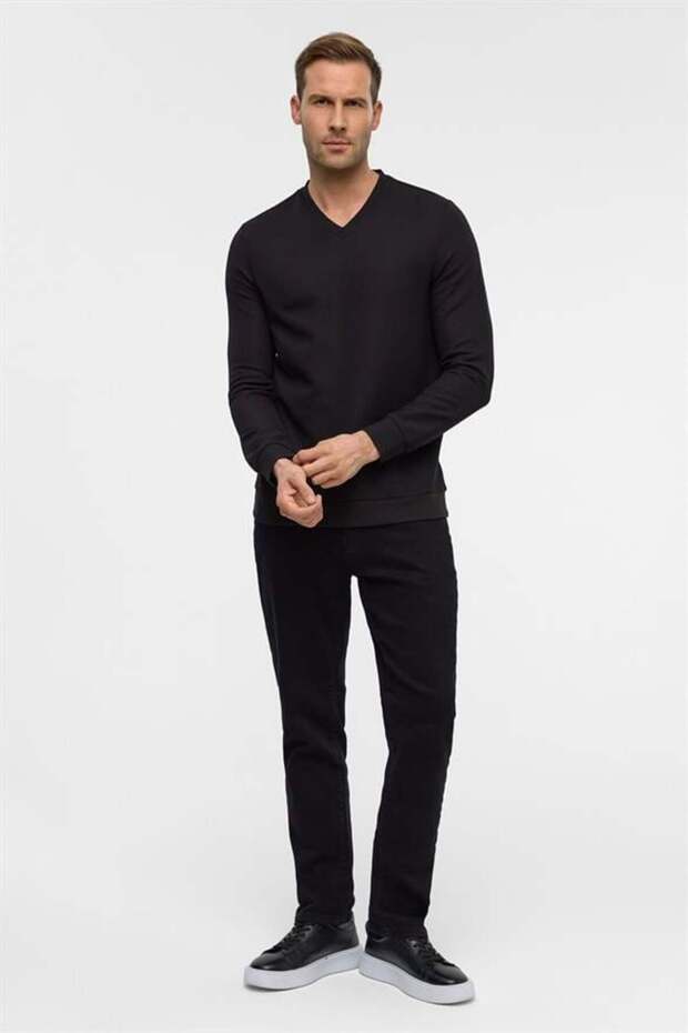 Lacivert Regular Armürlü V Yaka Triko - 5