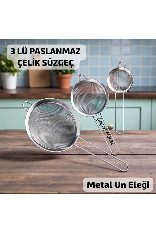 3-Piece Metal Handle Fine Mesh Stainless Steel Strainer Set Metal Sieve (28-35-40cm Small-Medium-Large Size)