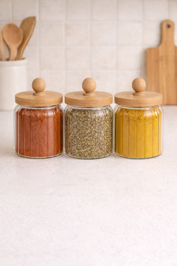 Bamboo Gasket Lid Striped 3-Piece Borosilicate 400ml Jar Set Kw-765