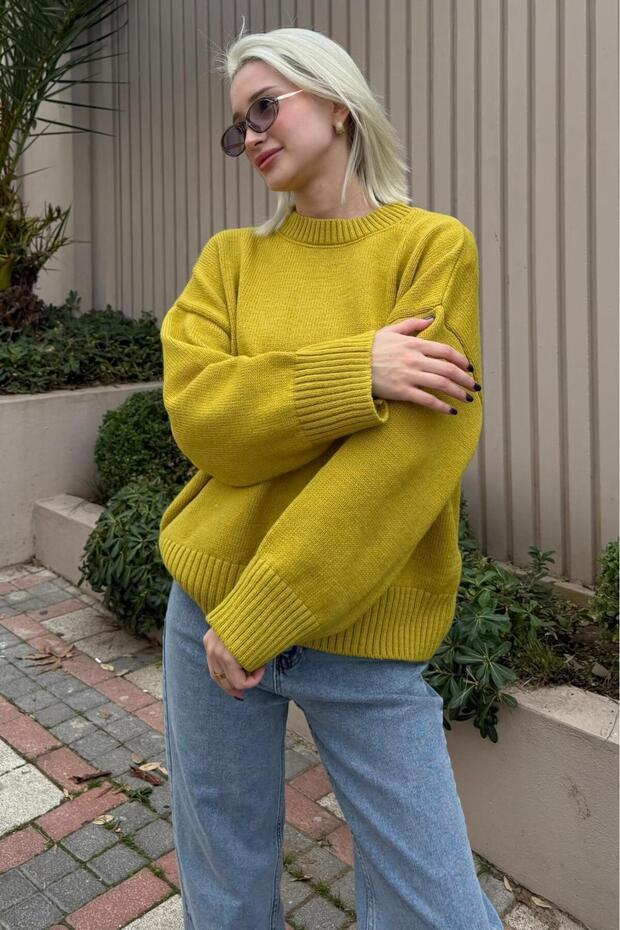 Oil Green Crew Neck Oversized Knitwear Sweater Sh173