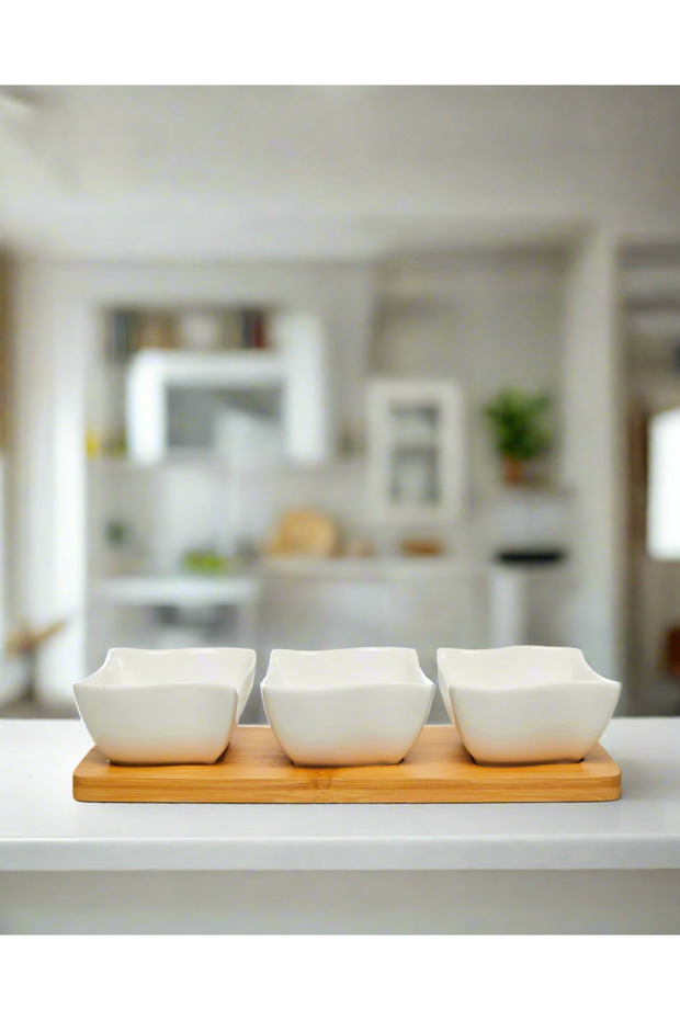 White Square Bowl With Bamboo Tray (4 Piece)