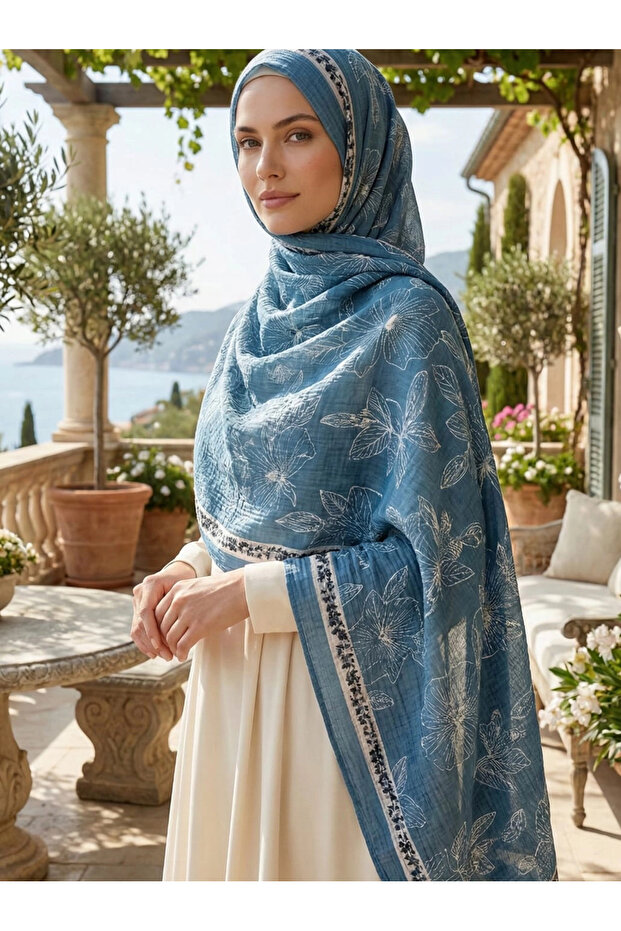 Flower patterned muslin shawl - 1