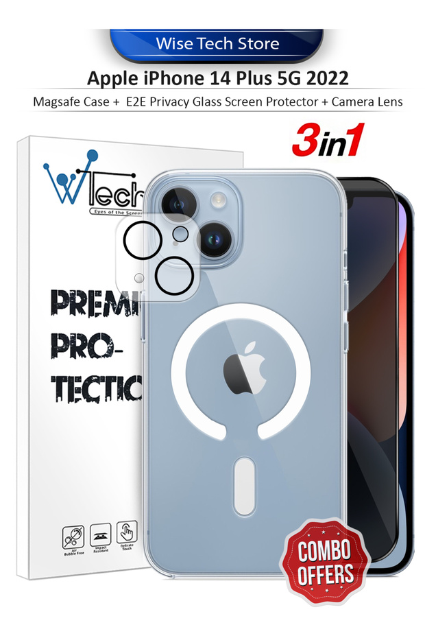 Apple iPhone 14 Plus 3in1 Magsafe Case Camera Lens Screen Protector E2E Privacy Tempered Glass