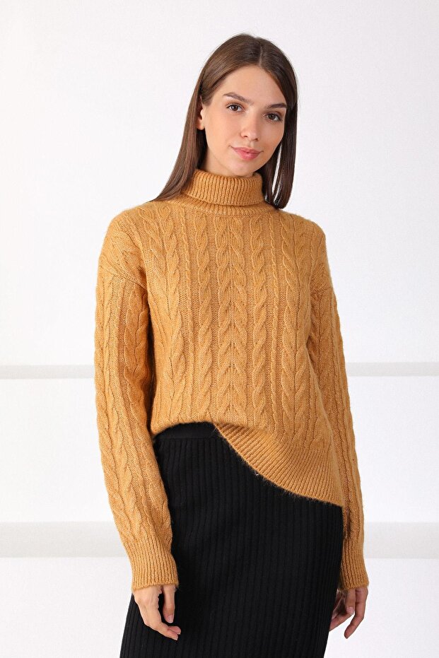 Camel Turtleneck Hair Knit Wool Blend Women's Knitwear Sweater