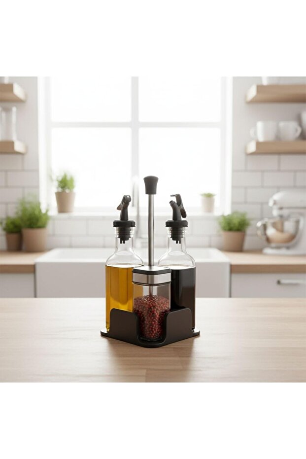 Four-Piece Condiment Set with Stand – Salt Shaker, Pepper Shaker, Olive Oil Dispenser & Vinegar Dispenser Ca