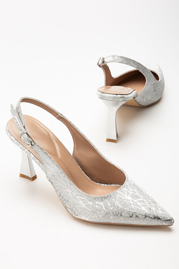 Back Open Glitter Material Heeled Evening Dress Shoes