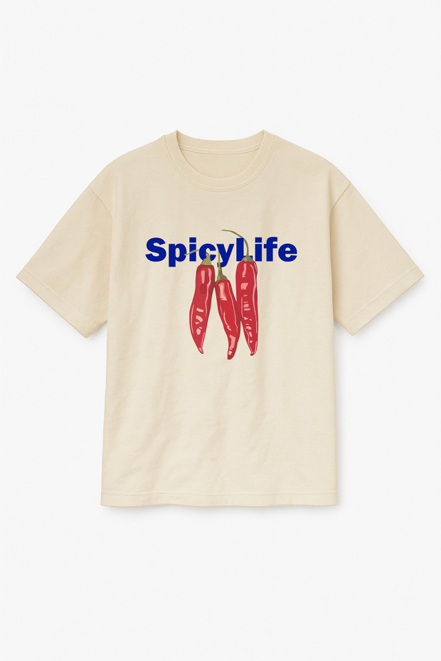 Oversized Beige Unisex Spicy Life Chili Pepper Printed T-Shirt T-Shirt