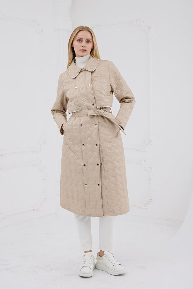 Taş Şeritli Kapitone Uzun Kap - Bej - 1