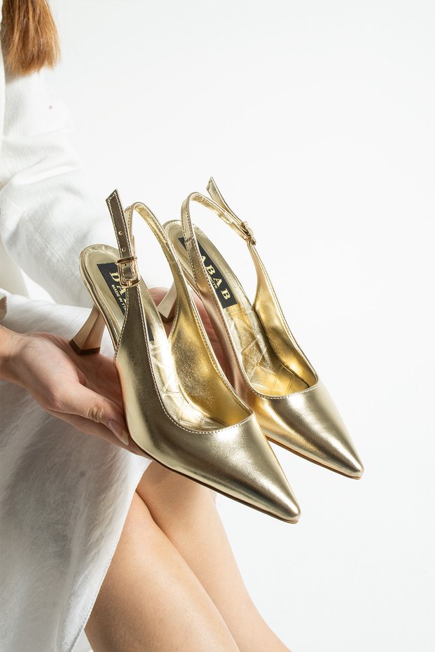 Amile Women's Gold 7 cm Heeled Ankle Strap Open Back Buckle Pointed Toe Shoes