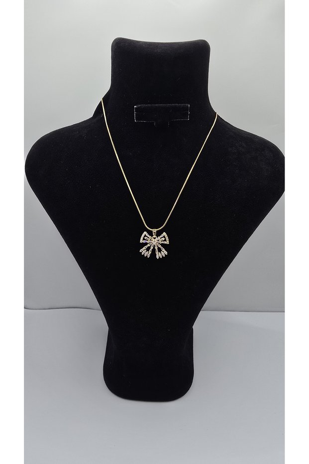Stainless Steel Gold Color Big Ribbon Model White Zircon Stone Necklace