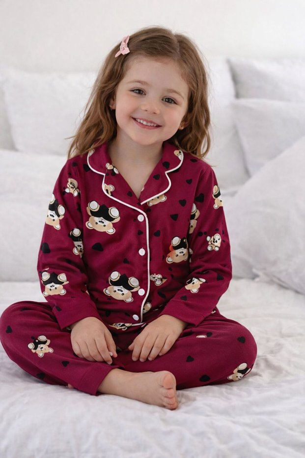 Girls' Pajama Set, Burgundy Color, with Bear Pattern, Cotton Suede Fabric, Be Peter Pan collar Zun Sleeves