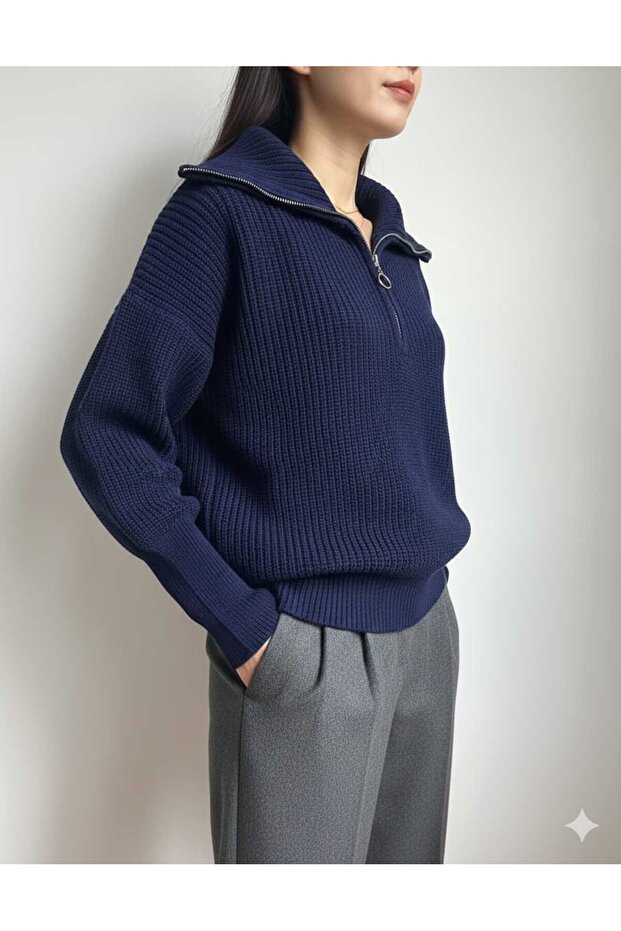 devrik yaka oversıze fermuarlı triko kazak - 3