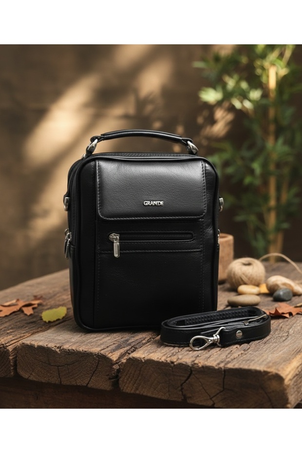 100% Genuine Leather Men's Hand and Shoulder Bag with Long Strap, Large Size