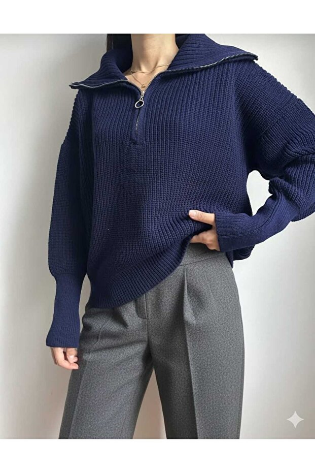 devrik yaka oversıze fermuarlı triko kazak - 1