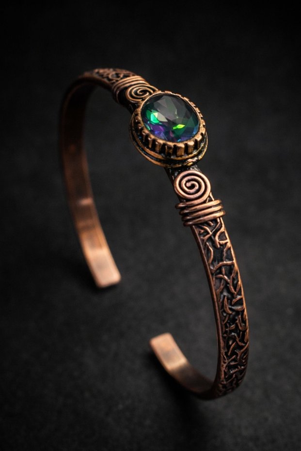 Women's Copper Bracelet Natural Mystic Topaz Stone Cylinder Model Pure Copper Bracelet