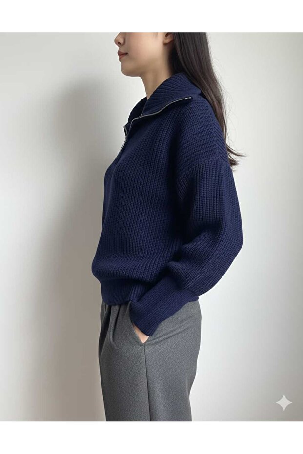 devrik yaka oversıze fermuarlı triko kazak - 2