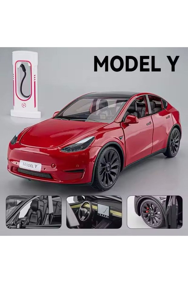 Tesla Model Y Diecast Model Car 1:24 with Sound and Light Opening Doors Tesla Car with Charging Station