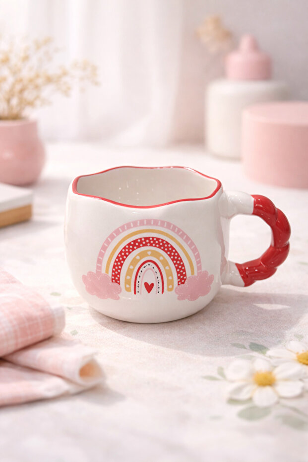 Rainbow Patterned Handmade Ceramic Mug – Cream Coffee Cup with Red Handle