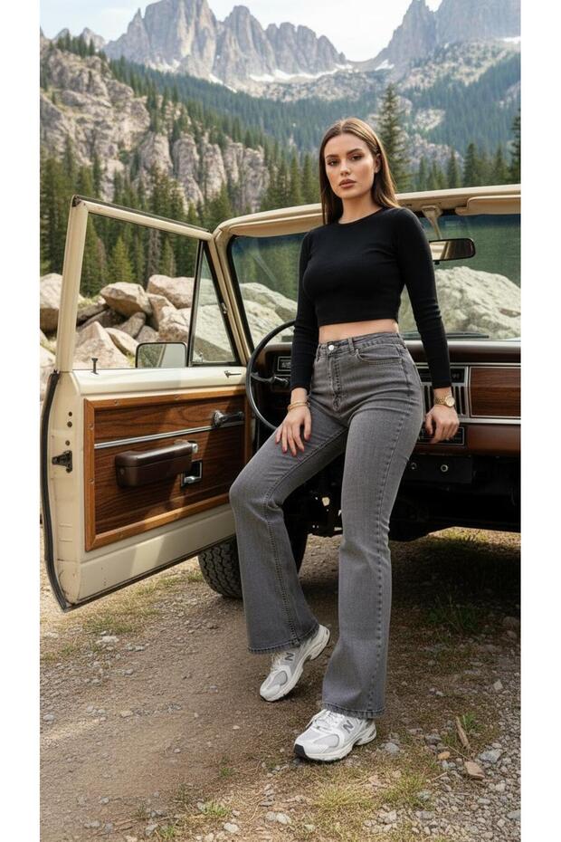 Women's Gray Yellow Stitching Detailed Stretch Fabric Stretchy Stretch Fabric High Waist Spanish Jeans Trousers
