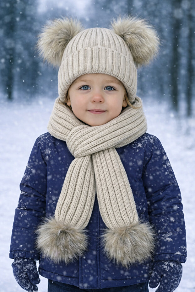 Bej Double Pompon Knitwear Scarf Hat Set