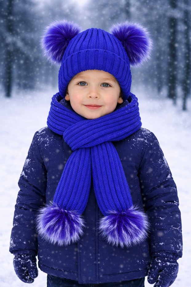Cobalt Pairs of Pompon Knitwear Scarf and Beanie Set