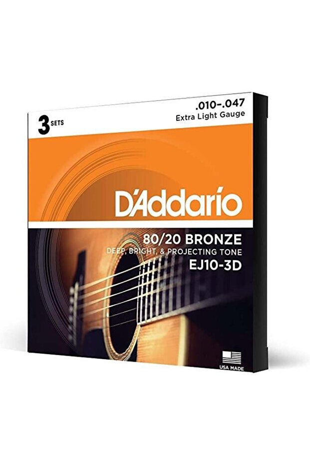 مجموعة أوتار جيتار صوتي من سلسلة D'Addario EJ10-3D الفوسفورية البرونزية (خفيفة جدًا - 10-47 - 80/20 برونزي)