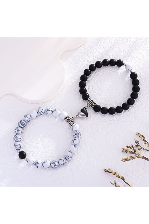 B06-08-16 2Pcs/Set Natural Stone Beaded Heart Magnet Attraction Couple Bracelets For Women Men Simpl