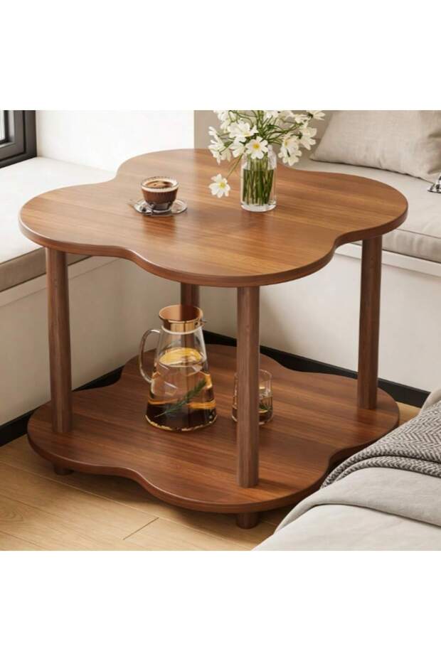 Four Leaf Clover Brown Wooden Sofa Side Table Double Layer Open Storage Small Spaces