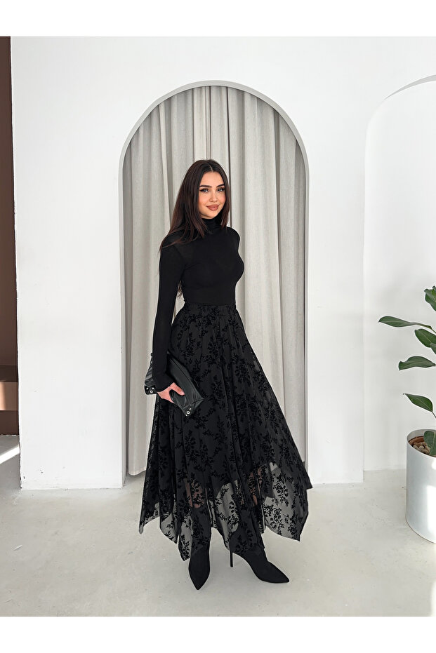 Hijab Asymmetrical Flock Printed Tulle Skirt | Modest Asymmetric Flocked Tulle Skirt
