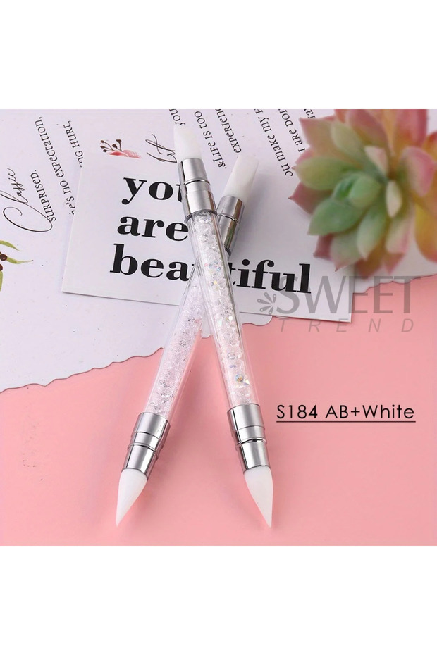 S184 AB-White 2pcs Double Head Silicone Nail Art Pen Carving Flower Sculpting Pen Adjustable Glue St