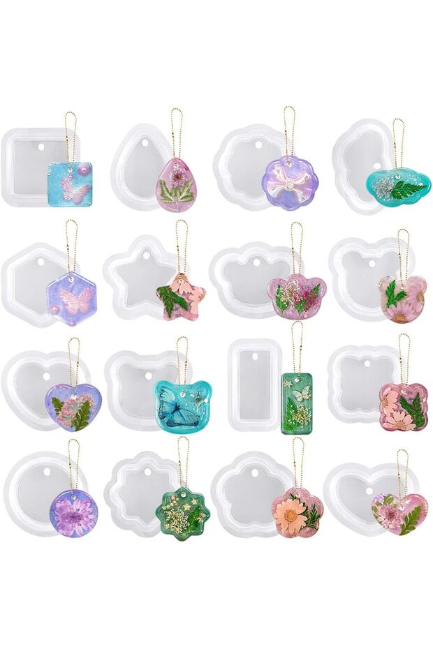 WHITE 16pcs Variety Geometric Pendant Silicone Molds with Hanging Hole, Jewelry UV Resin Mold, Neckl