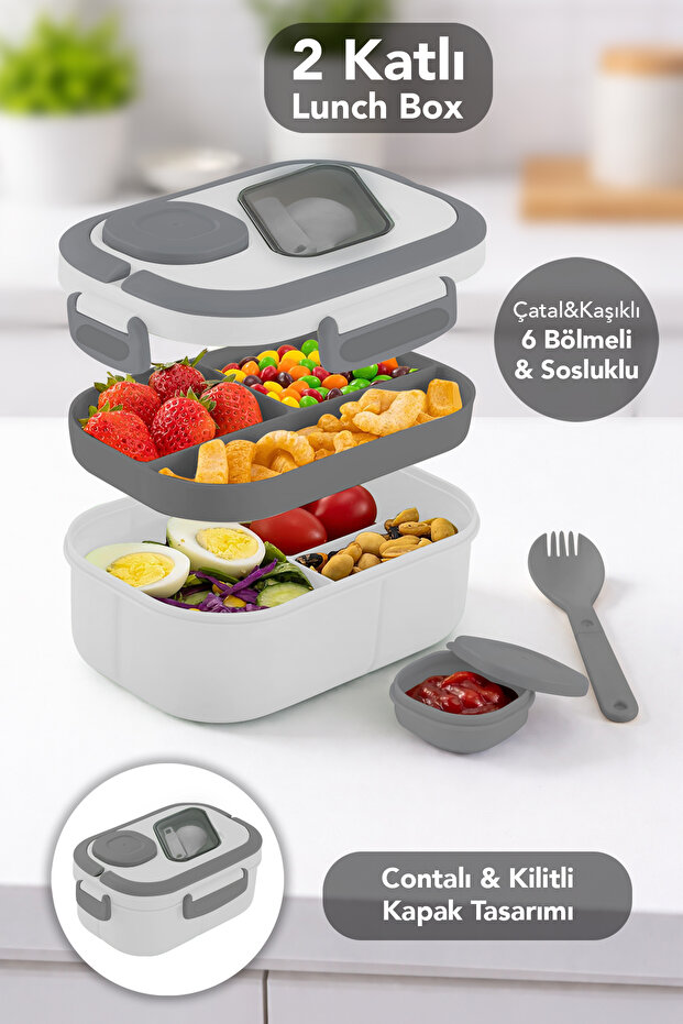 Bondie Locking Lid Food Container - 2 Tier Compartment Lunch Box with Spoon and Sauce Cup Nutrition Box Gray